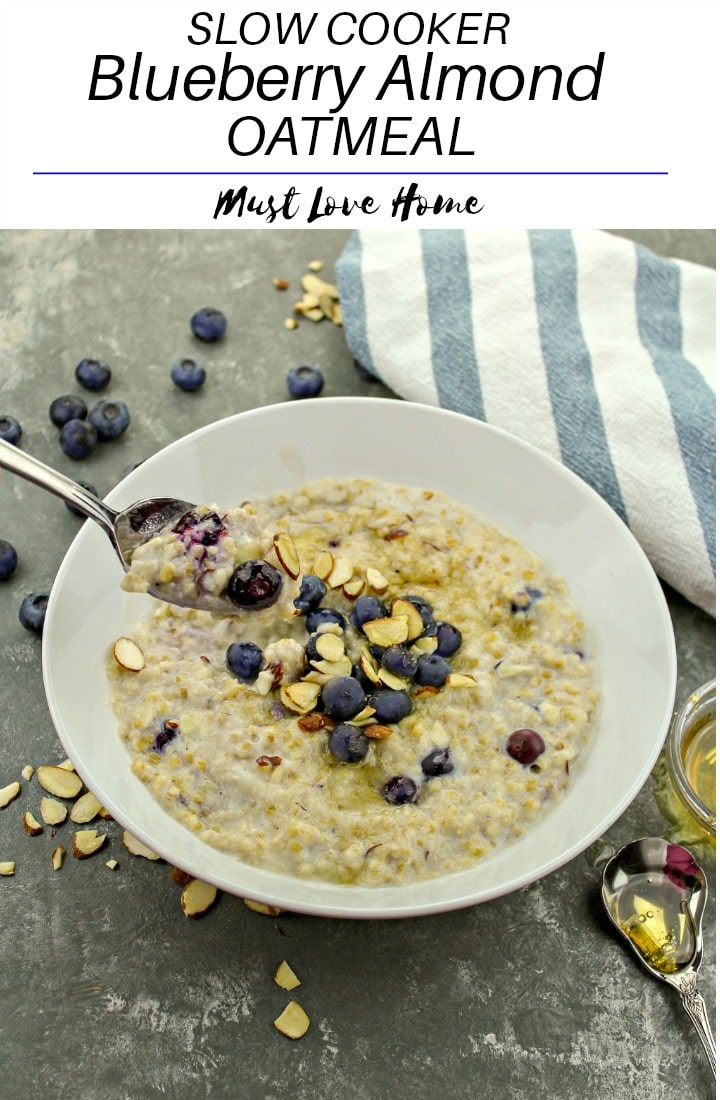 Slow Cooker Blueberry Almond Oatmeal, a super healthy breakfast made with milk, steel cut oats, fresh blueberries, honey and cinnamon. Kid tested goodness!