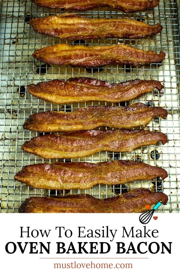 Crispy, smoked bacon cooked perfect every time right in the oven. Big batch bacon cooking with no flipping, no mess and no splatter. #mustlovehomecooking